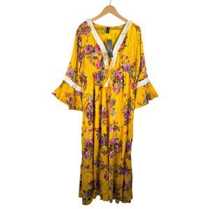 Me 2‎ Magic Bohemian Floral Yellow Maxi Dress vibrant 90s sz L